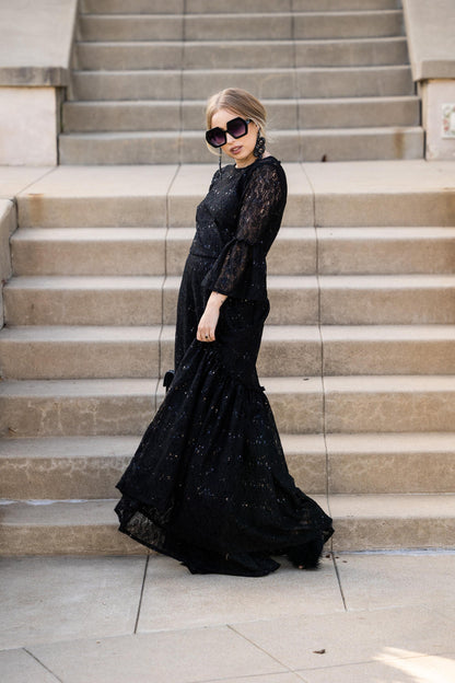 Black Sequin Lace Ruffle Dress by Jennafer Grace