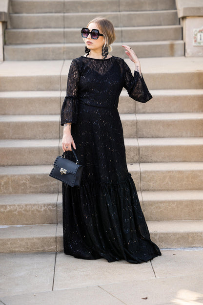 Black Sequin Lace Ruffle Dress by Jennafer Grace