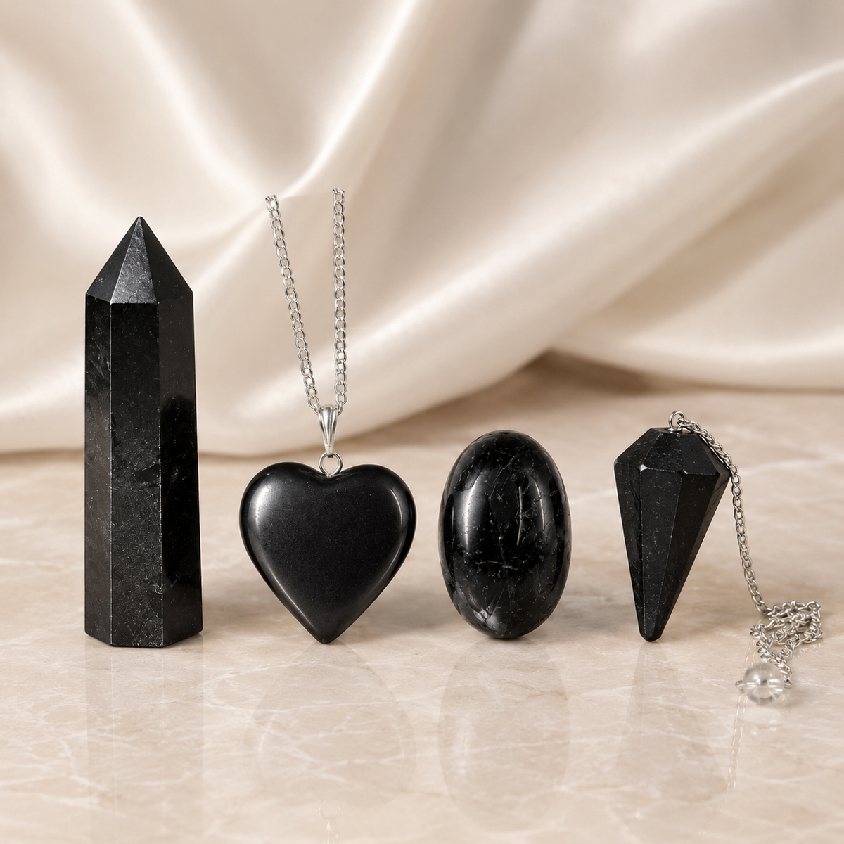 Black Tourmaline Crystal Gift Set For Emotional Support and Protection, Real Polished Gemstones.  DestGlow