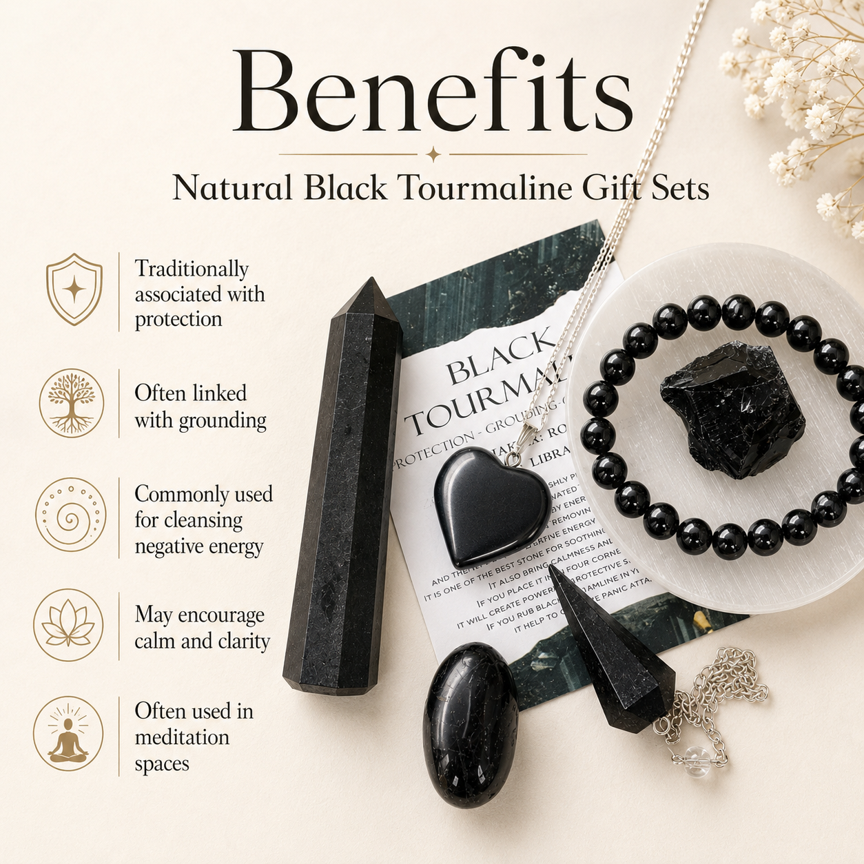 Black Tourmaline Crystal Gift Set For Emotional Support and Protection, Real Polished Gemstones.  DestGlow
