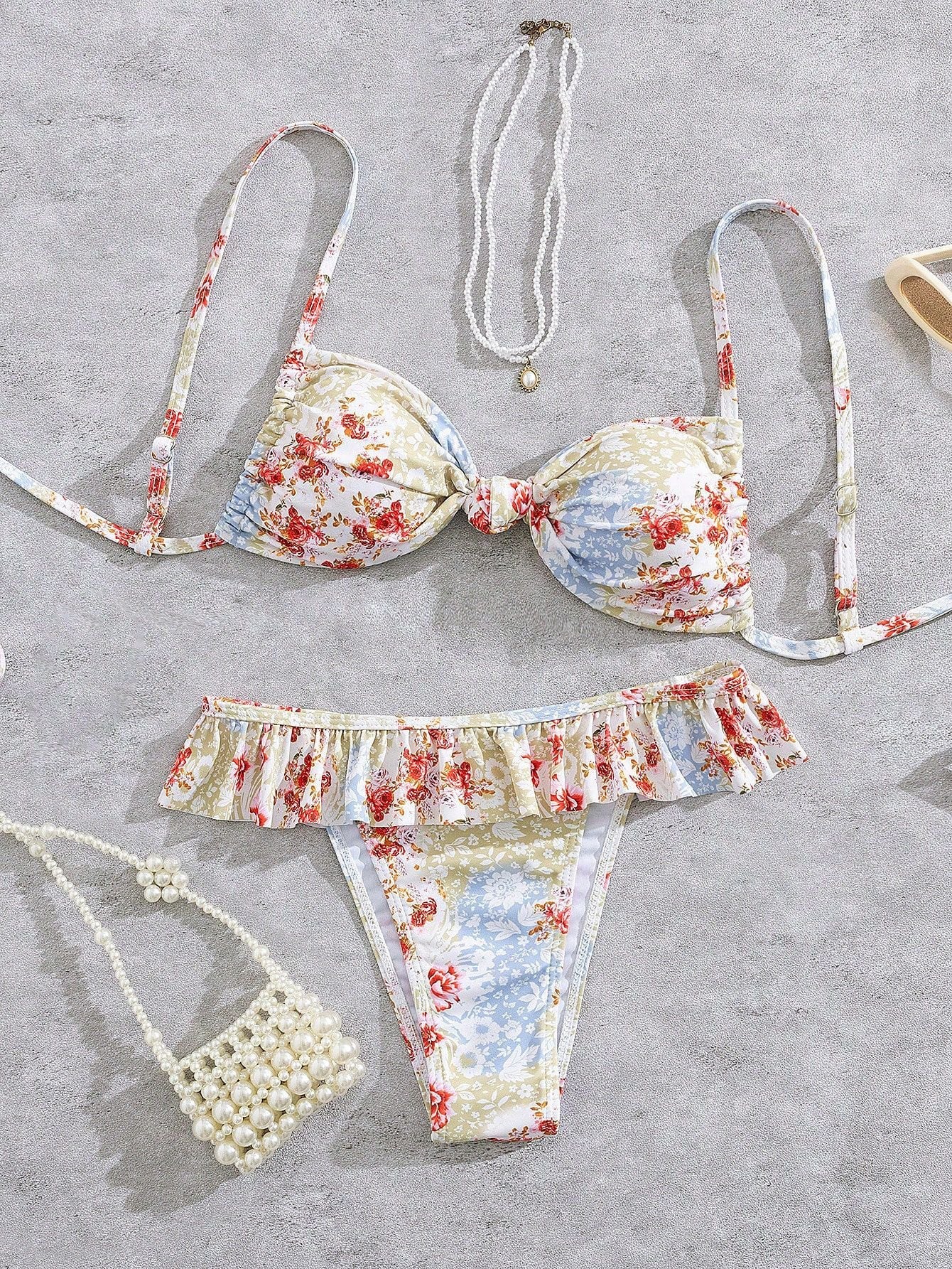 Floral Ruffle Bikini Set With Adjustable Straps Supportive Underwire Top