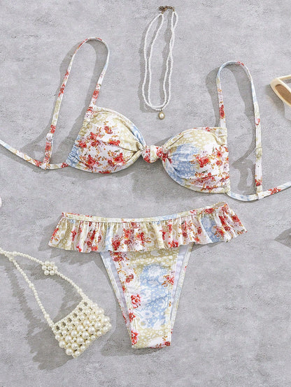 Floral Ruffle Bikini Set With Adjustable Straps Supportive Underwire Top