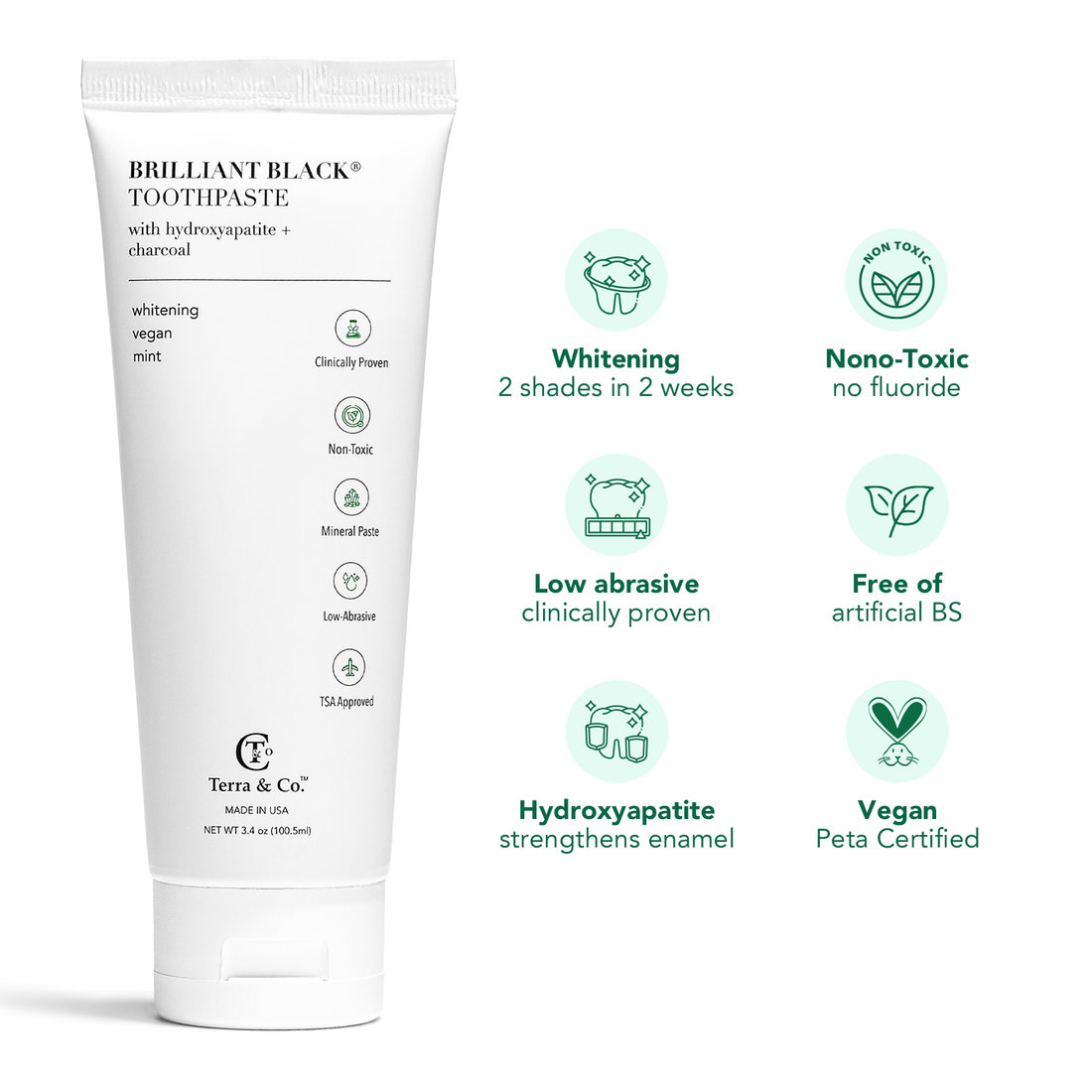 Brilliant Black® Charcoal Whitening Toothpaste with Micro-Hydroxyapatite (Fluoride-Free, Enamel Strength &amp; Sensitive Teeth Relief) by Terra &amp; Co.