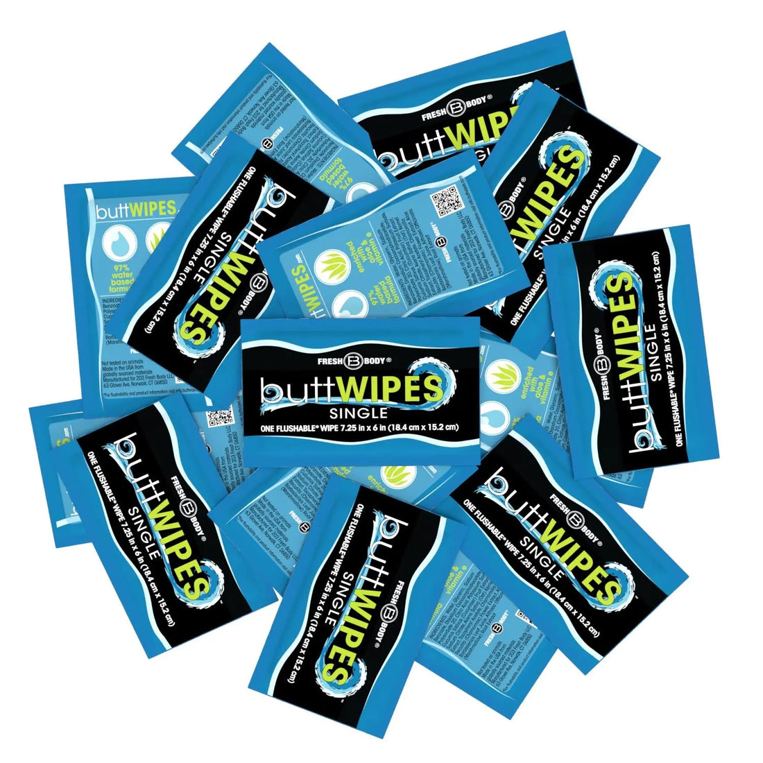 Buttwipes Singles - Individually Wrapped Flushable Wipes (select quantity) by Fresh Body FB®