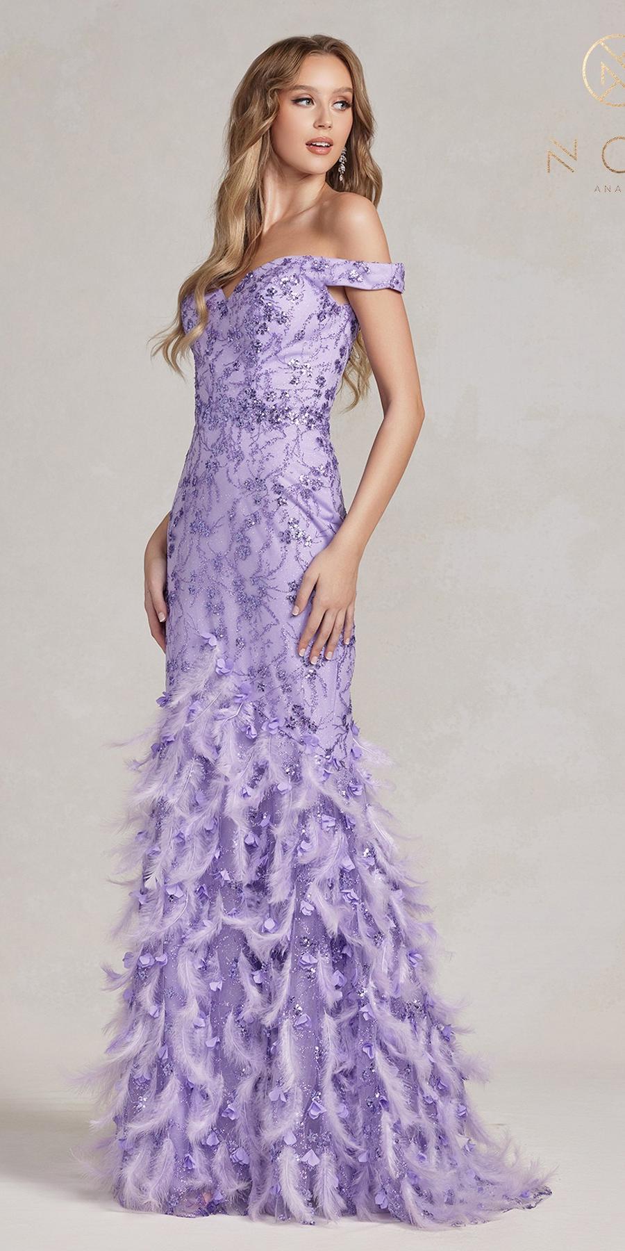 Nox Anabel C1106 Long Mermaid Off the Shoulder Gown with Feathers by DiscountDressShop