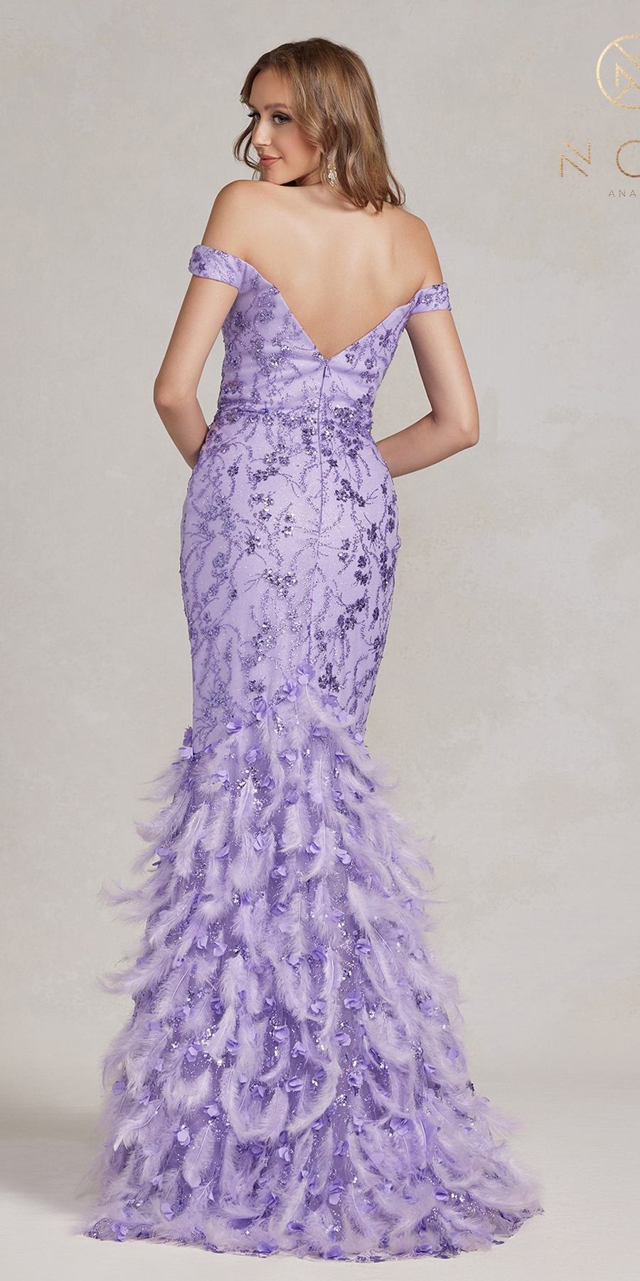 Nox Anabel C1106 Long Mermaid Off the Shoulder Gown with Feathers by DiscountDressShop