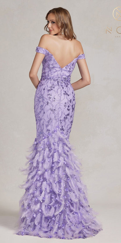 Nox Anabel C1106 Long Mermaid Off the Shoulder Gown with Feathers by DiscountDressShop