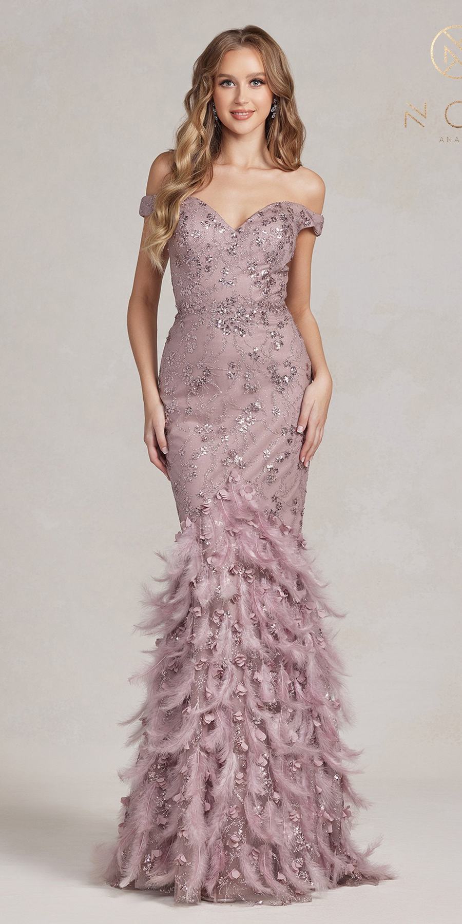 Nox Anabel C1106 Long Mermaid Off the Shoulder Gown with Feathers by DiscountDressShop