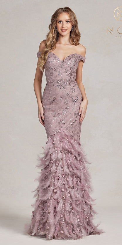 Nox Anabel C1106 Long Mermaid Off the Shoulder Gown with Feathers by DiscountDressShop
