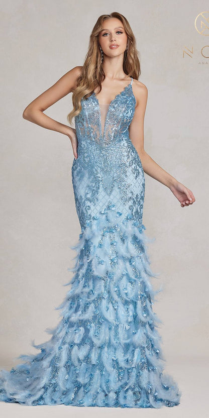 Nox Anabel C1111 Glitter Feather Skirt Mermaid Gown by DiscountDressShop