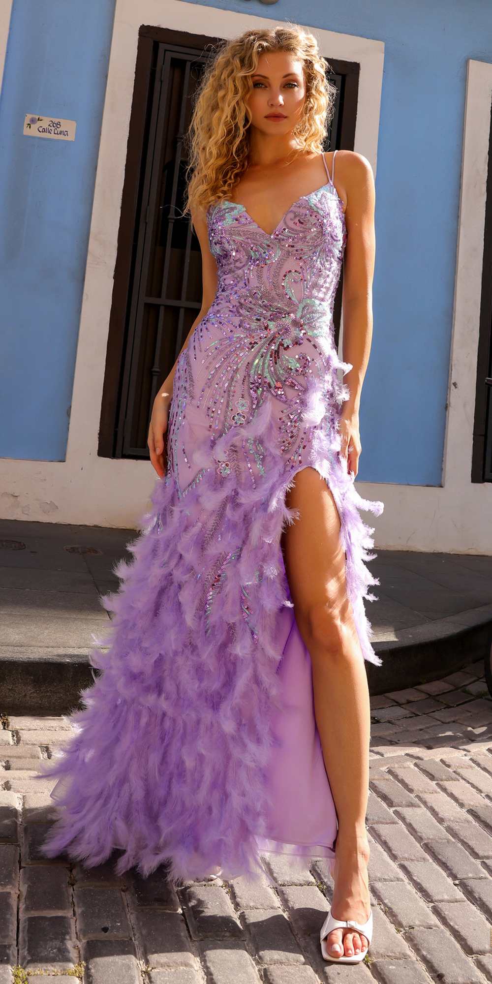Nox Anabel C1413 Long Sequin Embroidered Applique Fitted Feather Gown  DestGlow