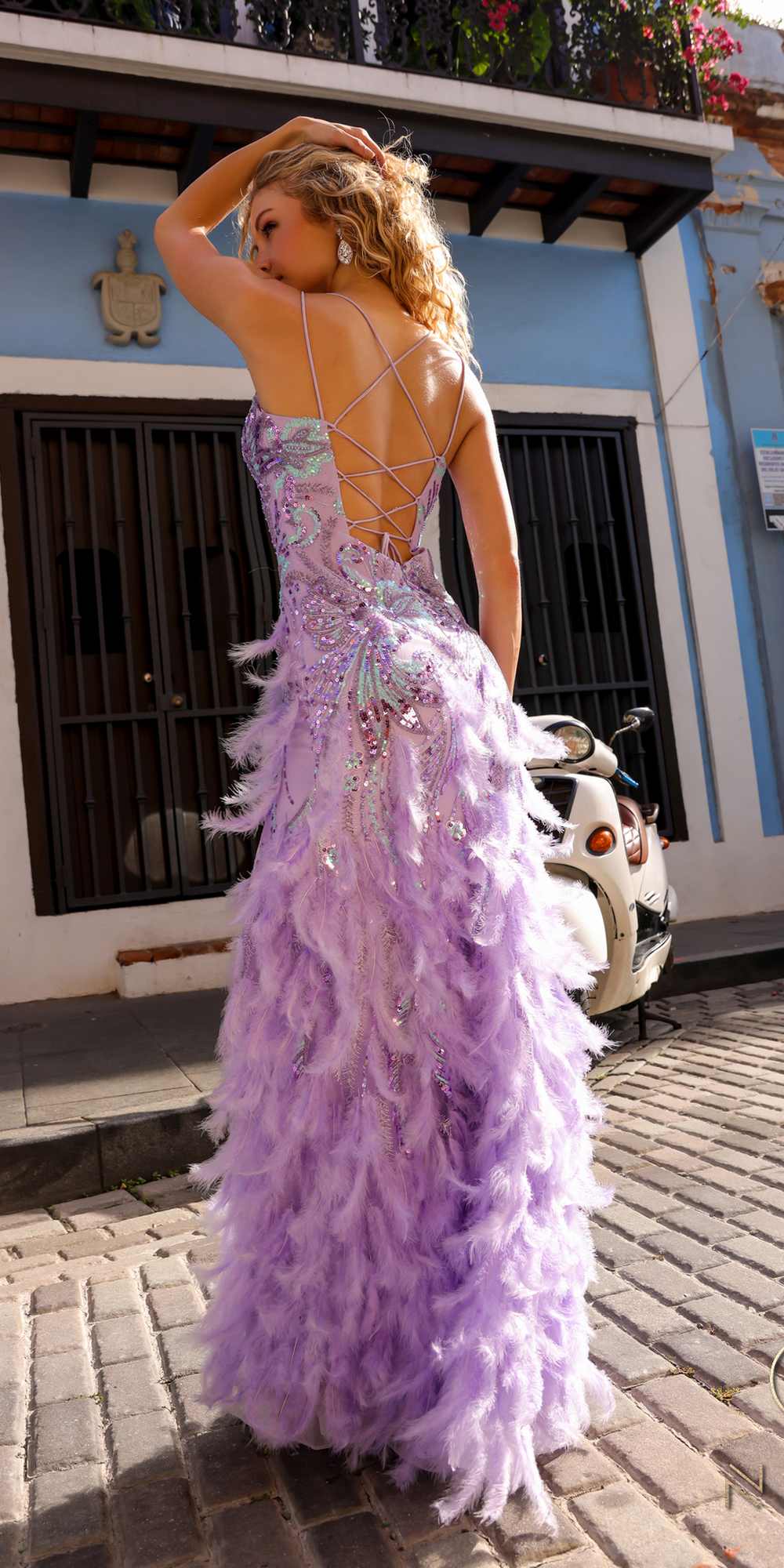 Nox Anabel C1413 Long Sequin Embroidered Applique Fitted Feather Gown  DestGlow
