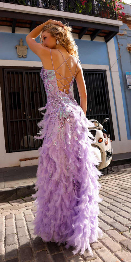 Nox Anabel C1413 Long Sequin Embroidered Applique Fitted Feather Gown  DestGlow