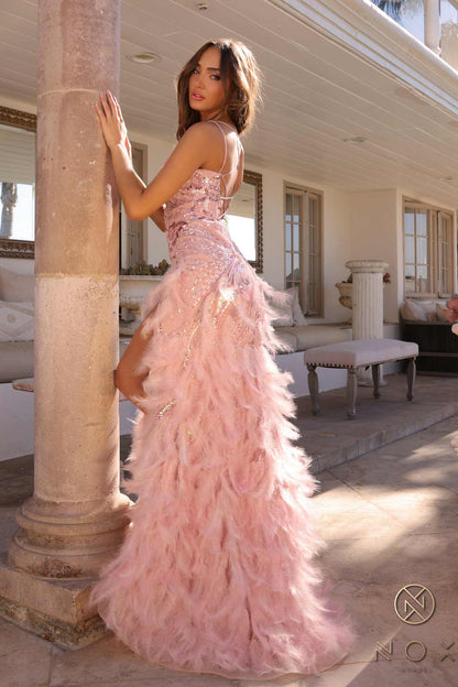 Nox Anabel C1413 Long Sequin Embroidered Applique Fitted Feather Gown  DestGlow