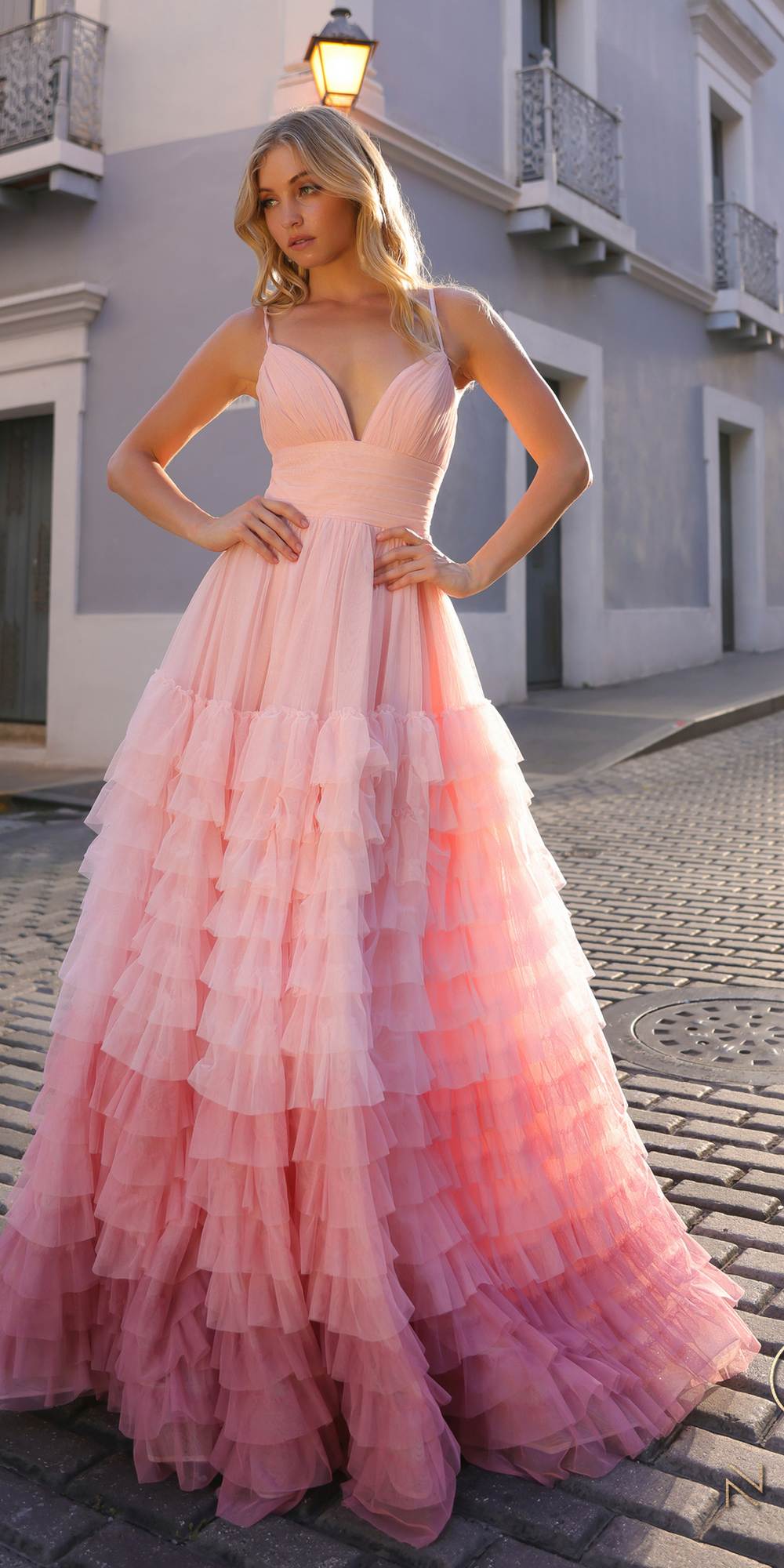 Nox Anabel C1420 Long Ombre Tiered Ruffled Skirt A-Line Slit Gown by DiscountDressShop