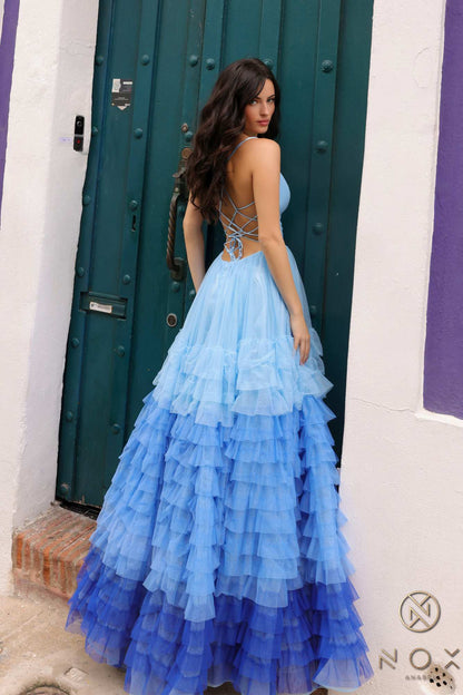 Nox Anabel C1420 Long Ombre Tiered Ruffled Skirt A-Line Slit Gown by DiscountDressShop