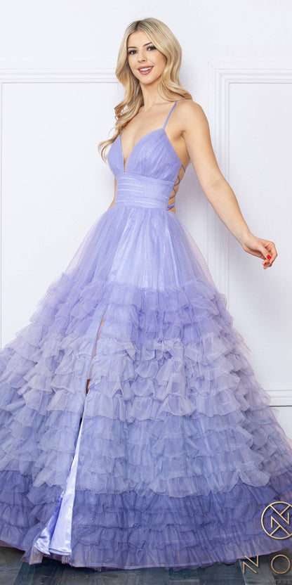Nox Anabel C1420 Long Ombre Tiered Ruffled Skirt A-Line Slit Gown by DiscountDressShop