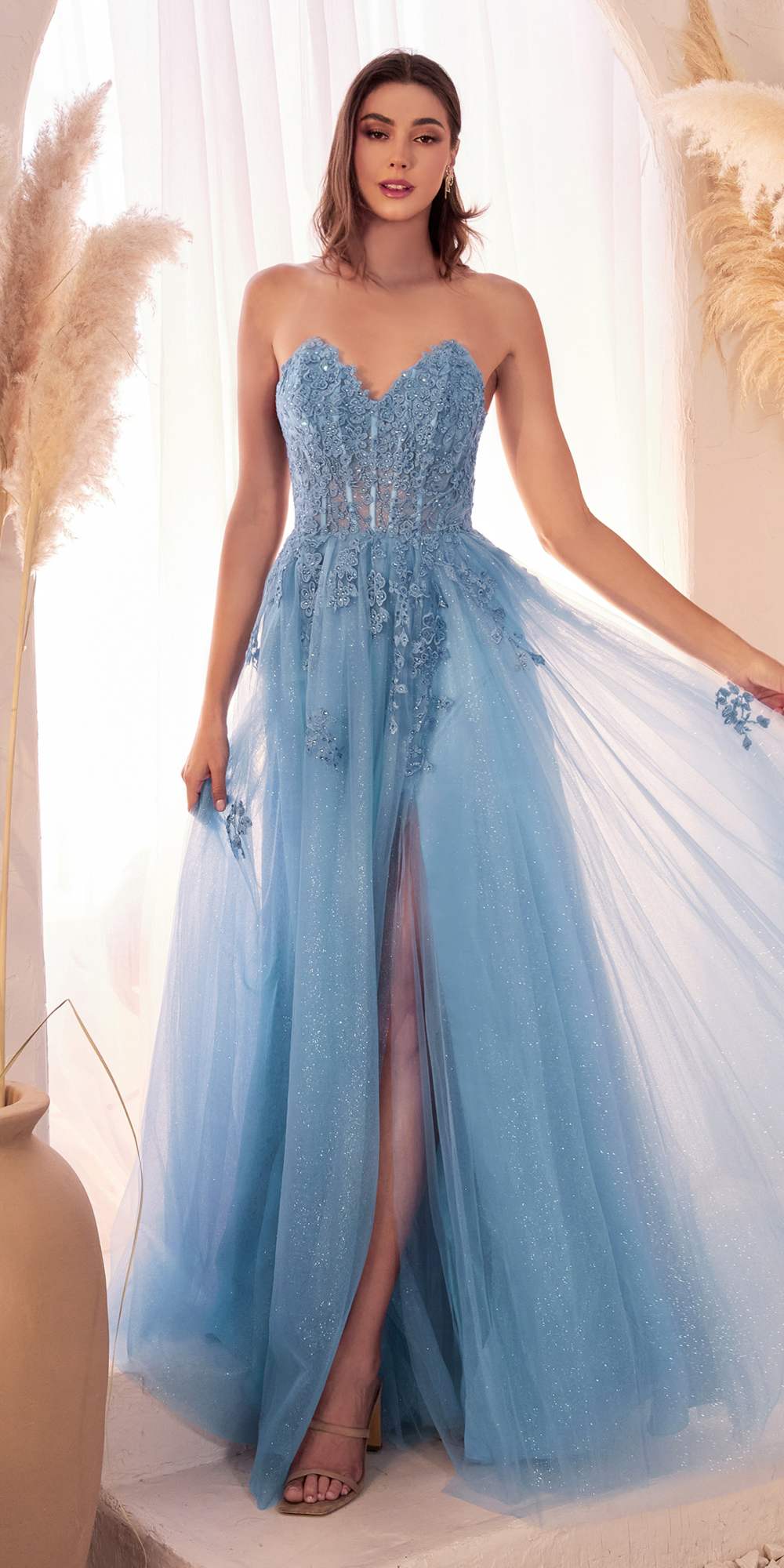 Ladivine C148 Long Strapless Lace and Tulle Glitter A-Line Ballgown by DiscountDressShop