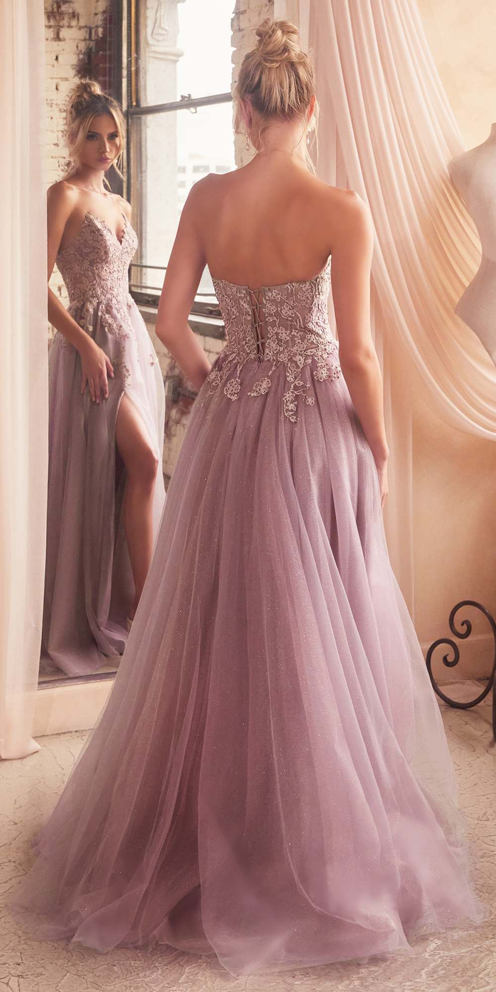 Ladivine C148 Long Strapless Lace and Tulle Glitter A-Line Ballgown by DiscountDressShop
