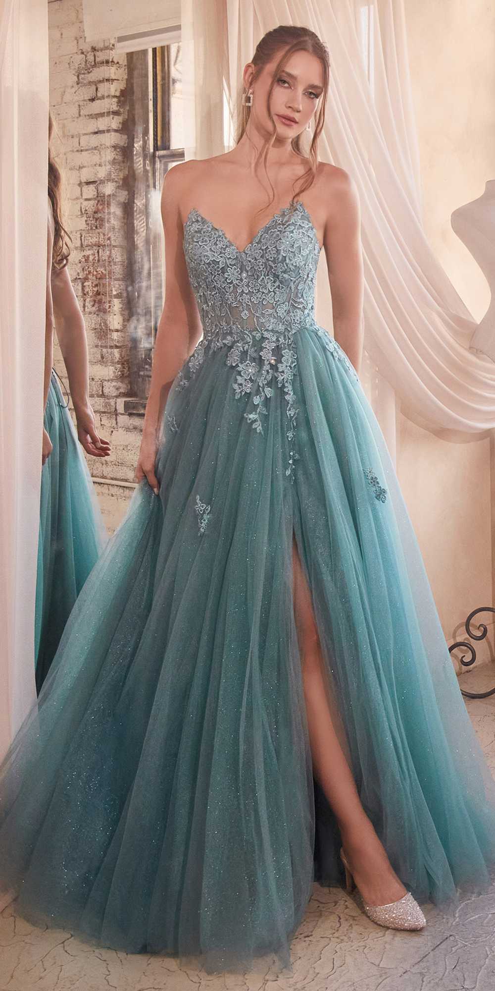 Ladivine C148 Long Strapless Lace and Tulle Glitter A-Line Ballgown by DiscountDressShop