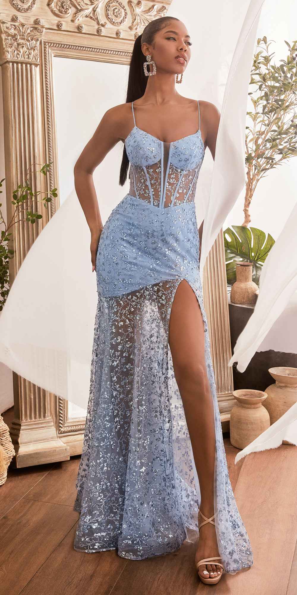 Ladivine C155 Long Glitter Floral Print Motif Sheer Bodice Fitted Gown by DiscountDressShop