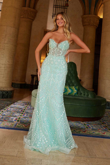 Nox Anabel C1599 Strapless Beaded Tulle Dress with Lace-Up Back by DiscountDressShop