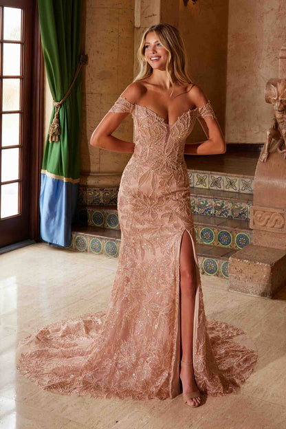Nox Anabel C1600 Off the Shoulder Fully Beaded Long Train Dress by DiscountDressShop