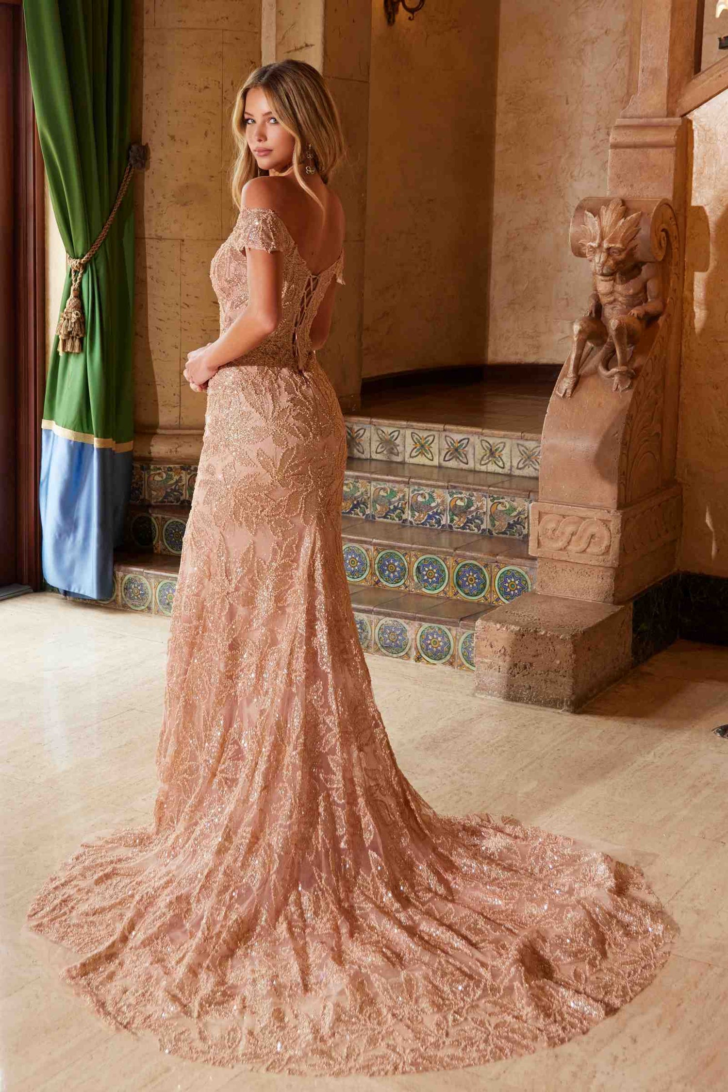 Nox Anabel C1600 Off the Shoulder Fully Beaded Long Train Dress by DiscountDressShop