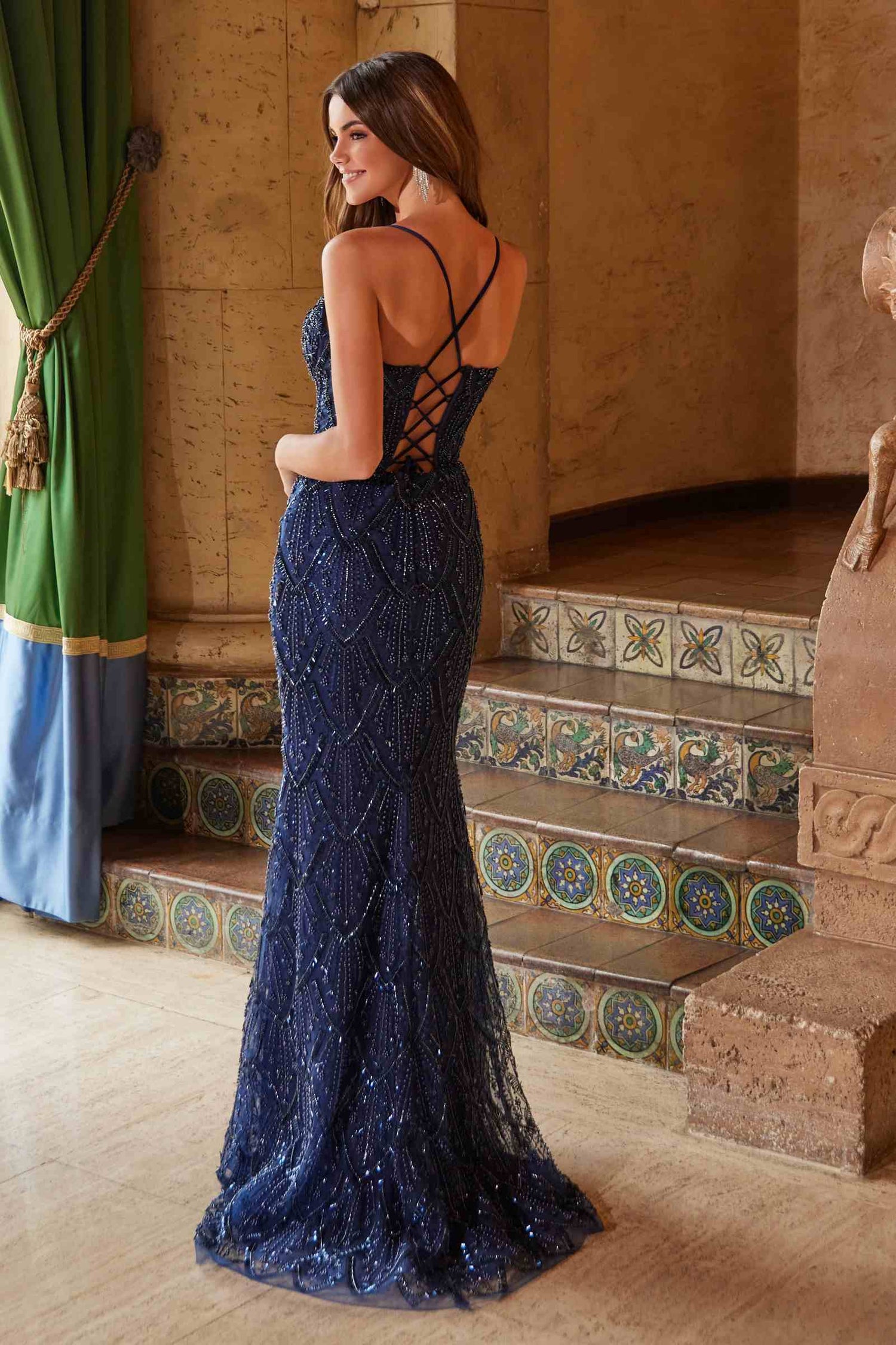 Nox Anabel C1616 Beaded Tulle Lace-Up Dress with Slit by DiscountDressShop