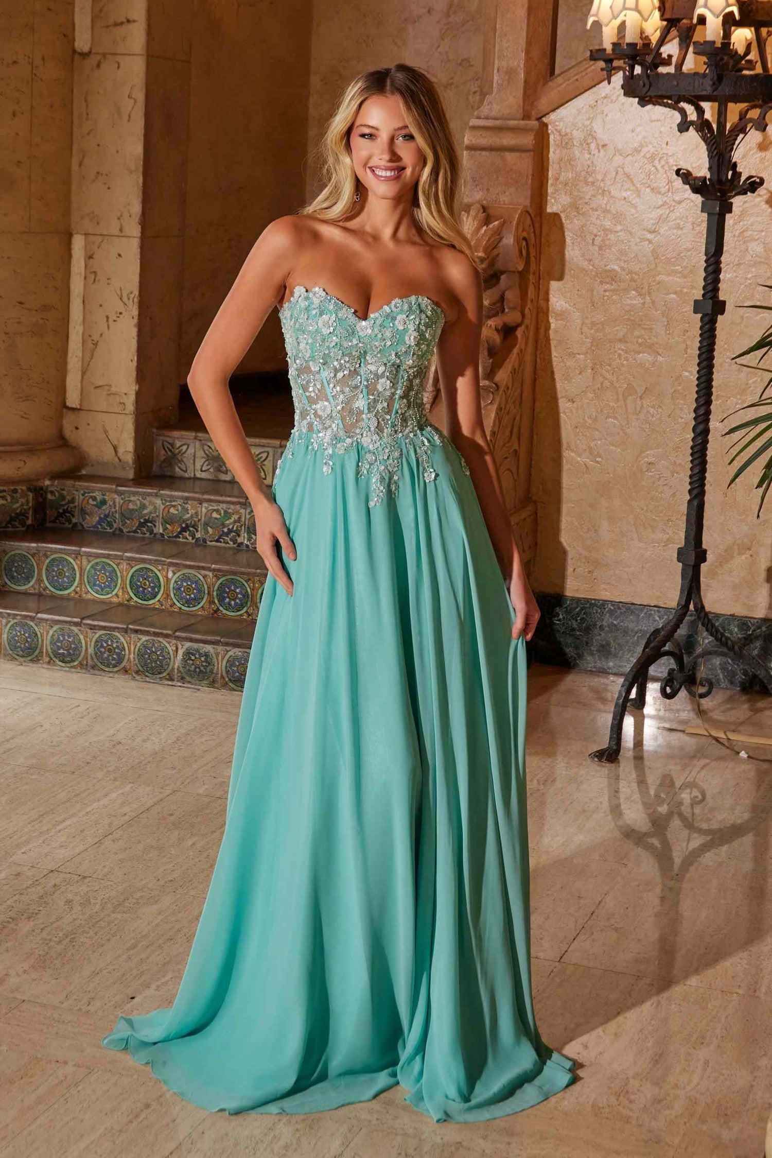 Nox Anabel C1617 Strapless Applique Corset with Chiffon Skirt Dress by DiscountDressShop