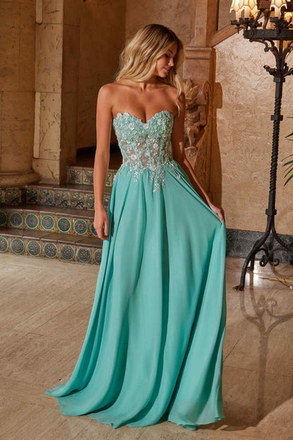 Nox Anabel C1617 Strapless Applique Corset with Chiffon Skirt Dress by DiscountDressShop