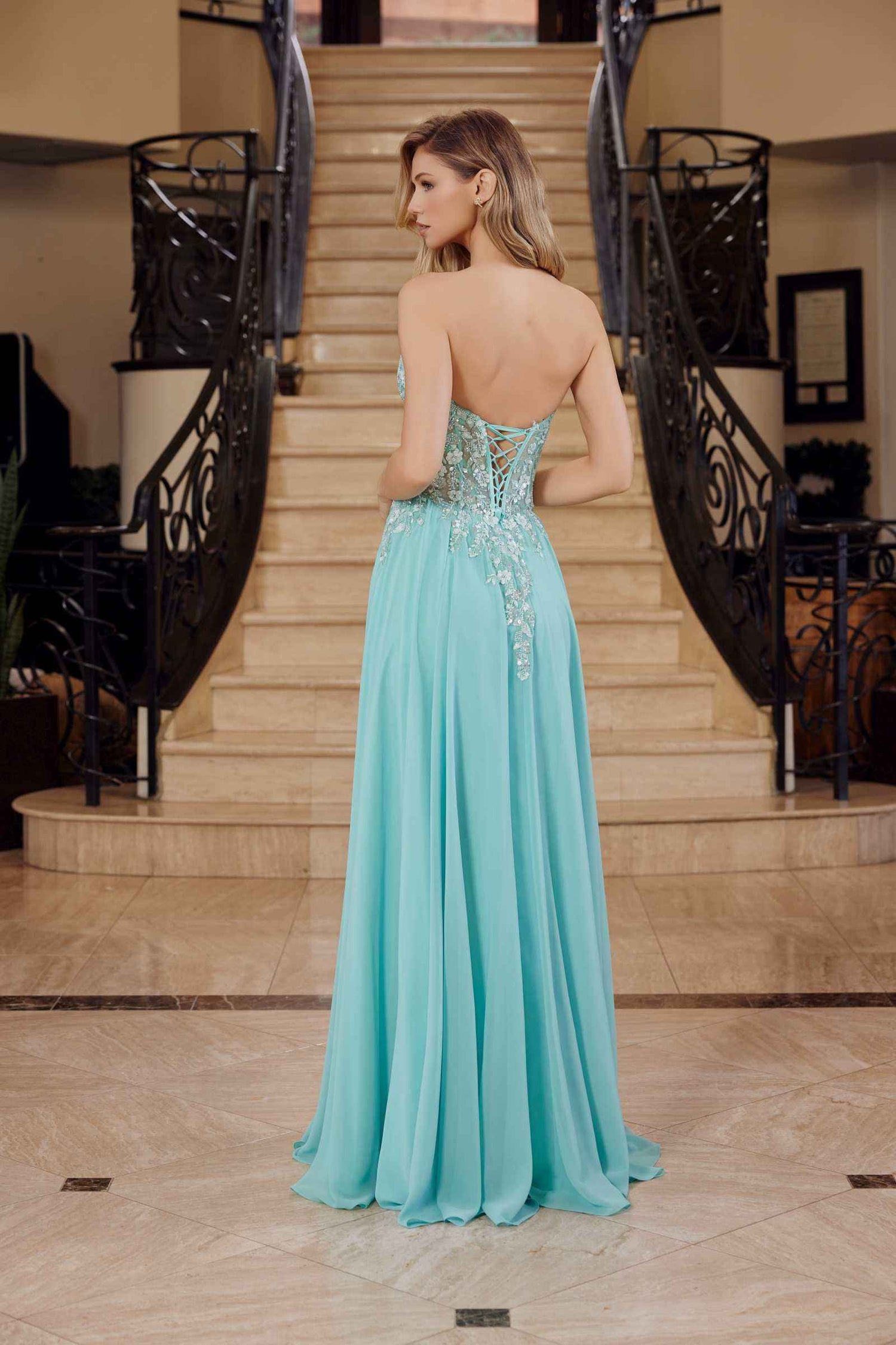Nox Anabel C1617 Strapless Applique Corset with Chiffon Skirt Dress by DiscountDressShop