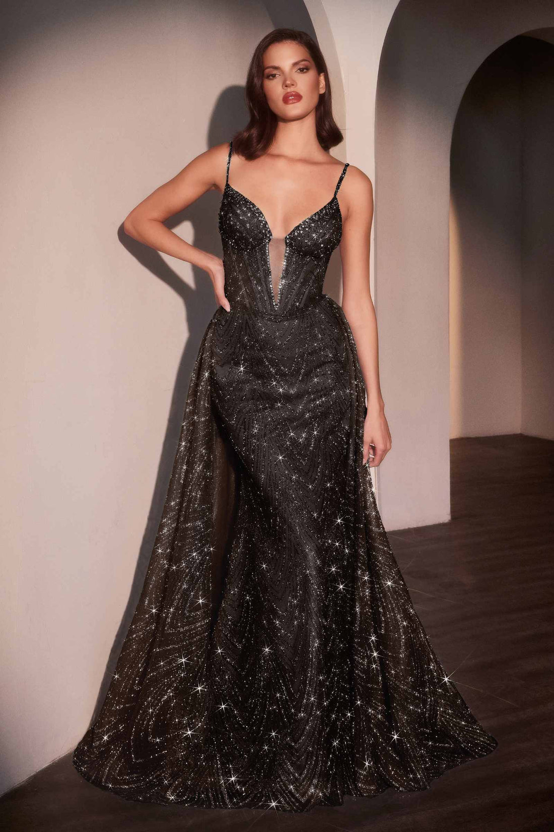 Ladivine C167 Dress Glitter Printed Fitted Gown With Overskirt by DiscountDressShop