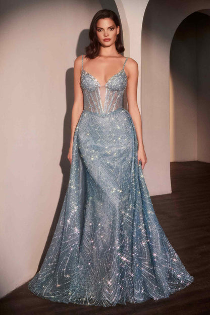 Ladivine C167 Dress Glitter Printed Fitted Gown With Overskirt by DiscountDressShop