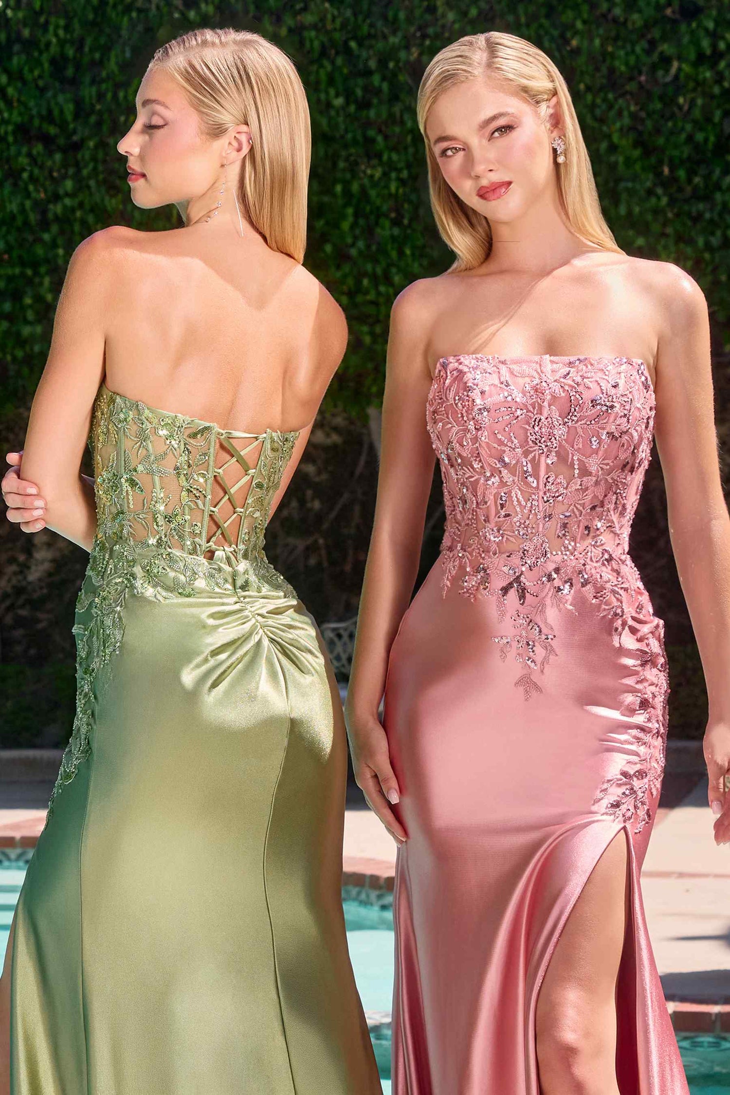 Ladivine C168 Fitted Strapless Floral Beaded Stretch Satin Gown by DiscountDressShop