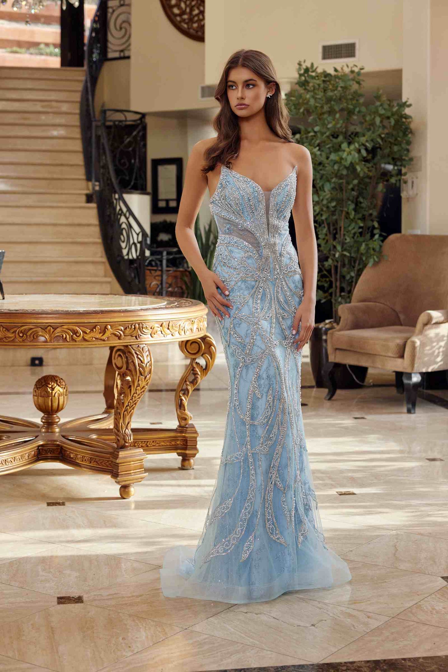 Nox Anabel C1826 Peaked Neckline Beaded Embellishments Fitted Prom Gown by DiscountDressShop