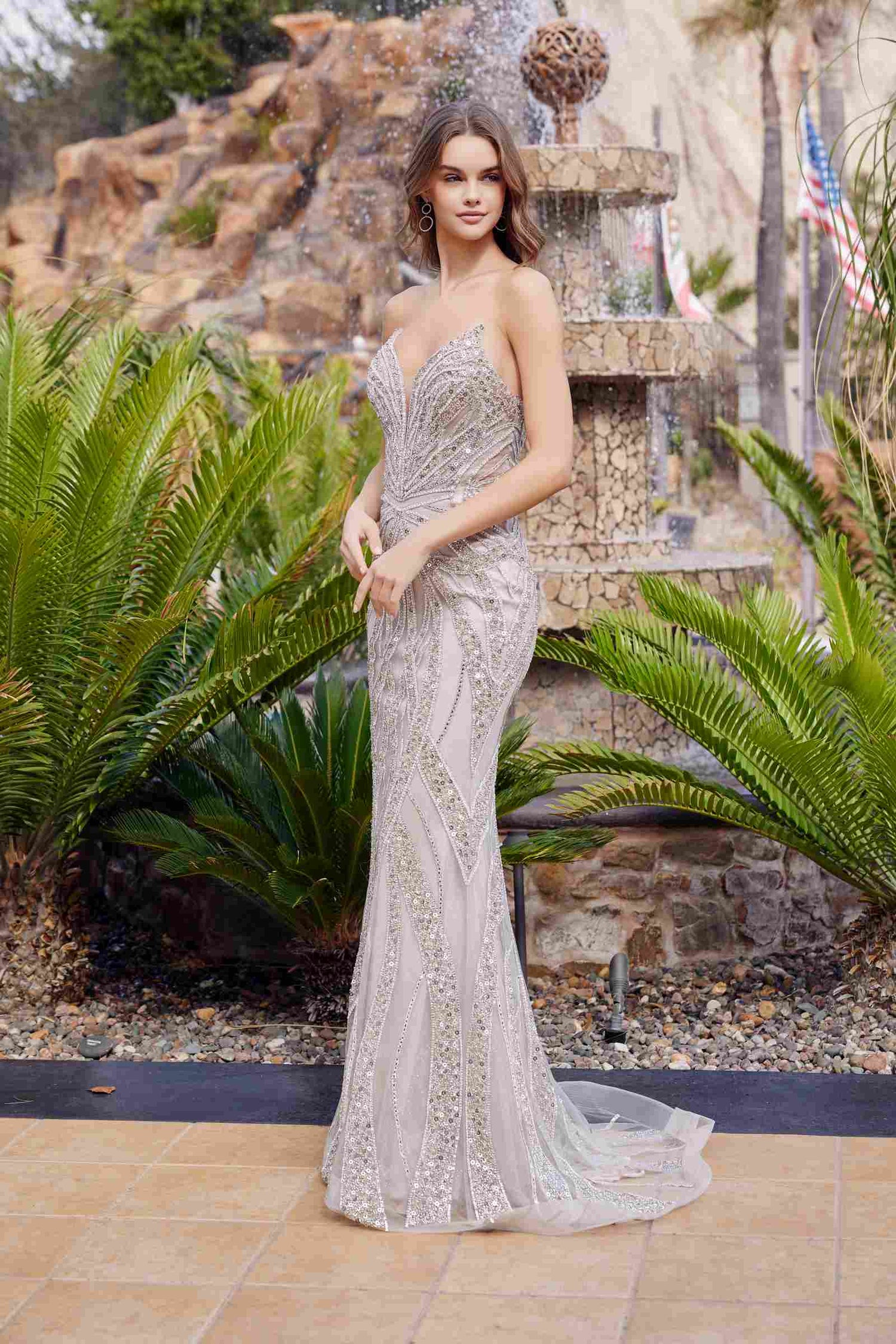 Nox Anabel C1833 Strapless Beaded Gown With Peaked Neckline Prom Gown by DiscountDressShop