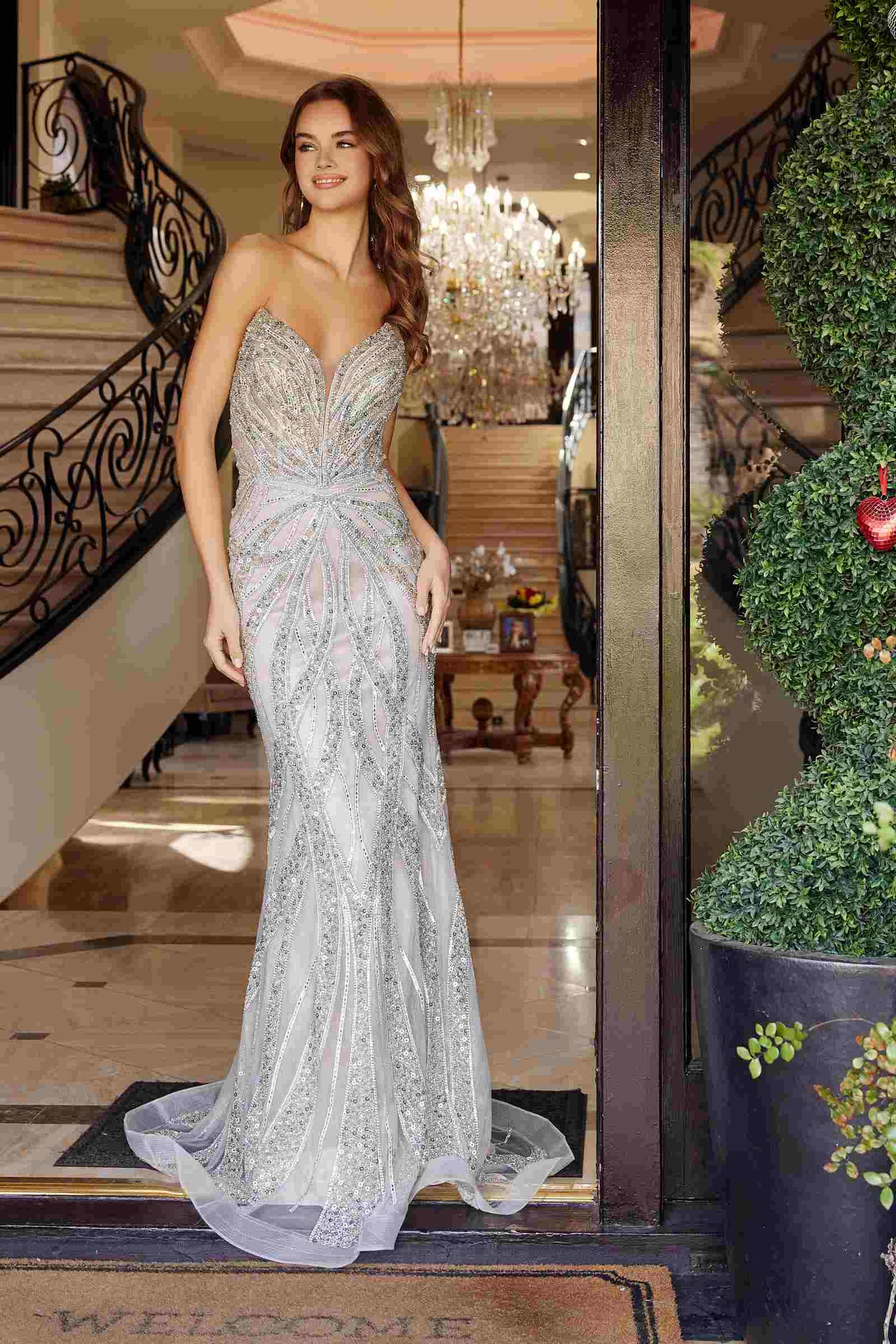 Nox Anabel C1833 Strapless Beaded Gown With Peaked Neckline Prom Gown by DiscountDressShop