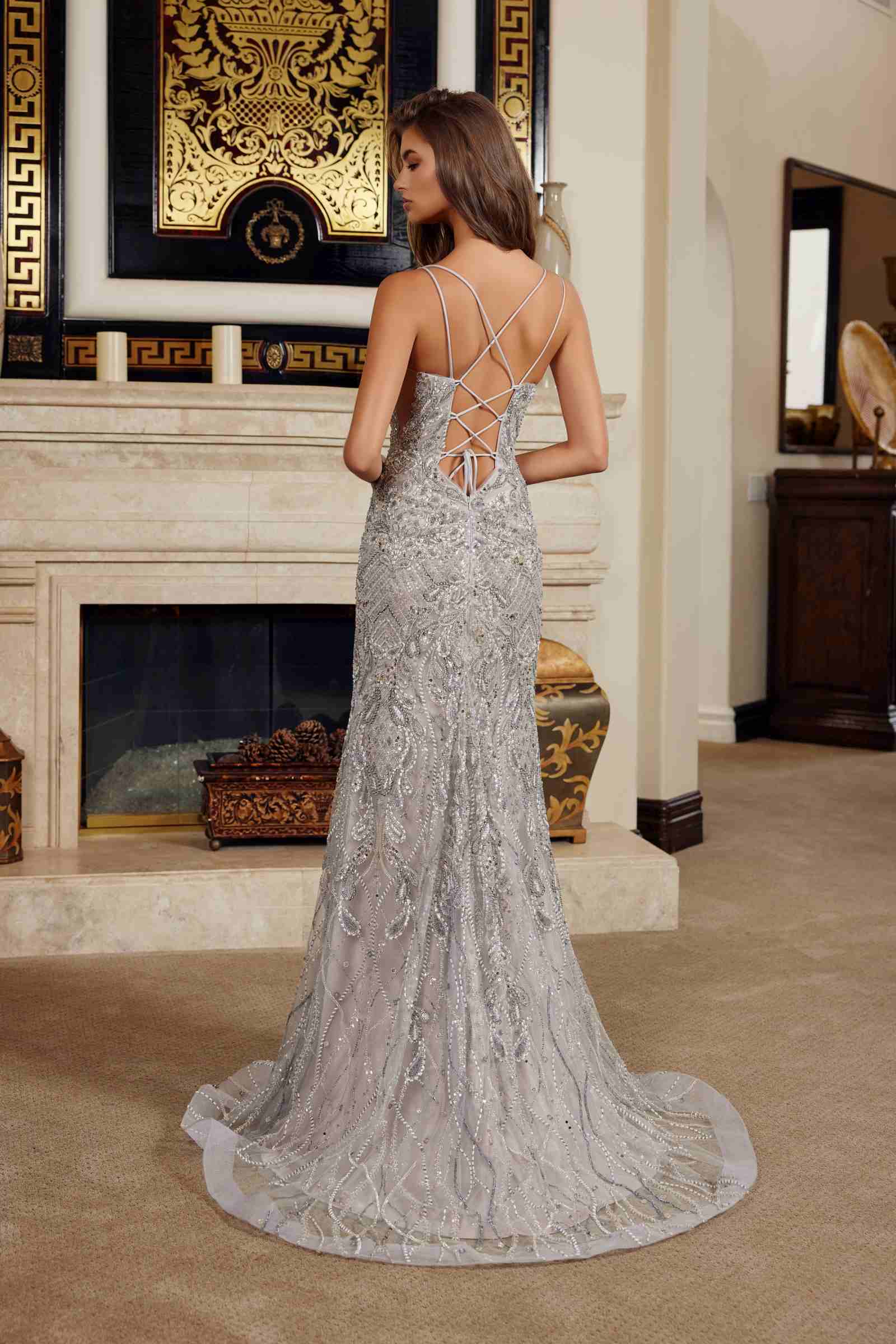 Nox Anabel C1834 Fitted Beaded Embellishments Peaked Neckline Prom Gown by DiscountDressShop