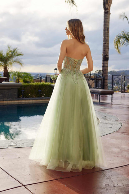 Nox Anabel C1843 Mesh A-Line Peaked Neckline Sequin Prom Ball Gown by DiscountDressShop