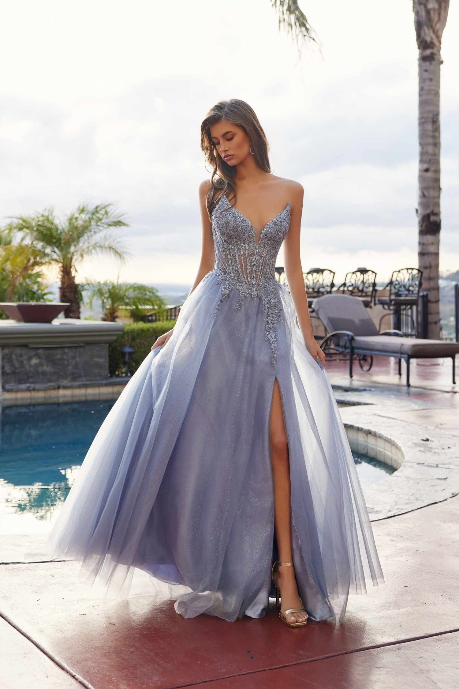 Nox Anabel C1843 Mesh A-Line Peaked Neckline Sequin Prom Ball Gown by DiscountDressShop