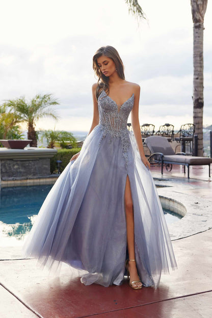 Nox Anabel C1843 Mesh A-Line Peaked Neckline Sequin Prom Ball Gown by DiscountDressShop