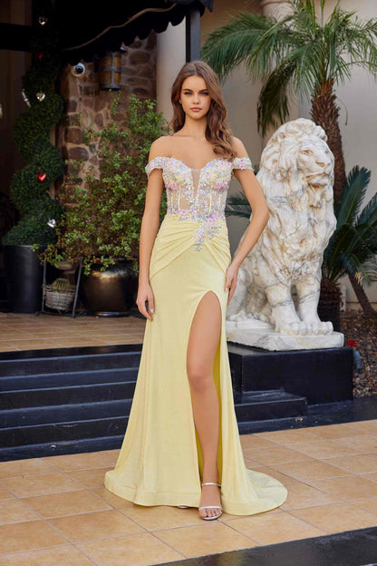 Nox Anabel C1845 Fitted Off Shoulder Embellished Shimmer Jersey Prom Gown by DiscountDressShop