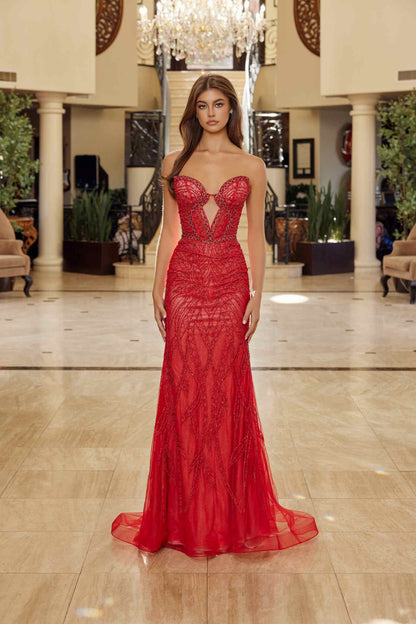 Nox Anabel C1848 Fitted Beaded Tulle Strapless Keyhole Bodice Prom Gown by DiscountDressShop