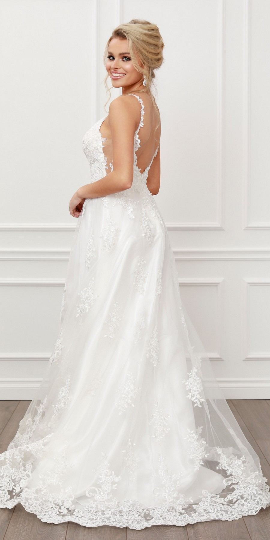 Nox Anabel C461 A-Line V-Neck Side Cutout Lace Strap Ball Gown by DiscountDressShop