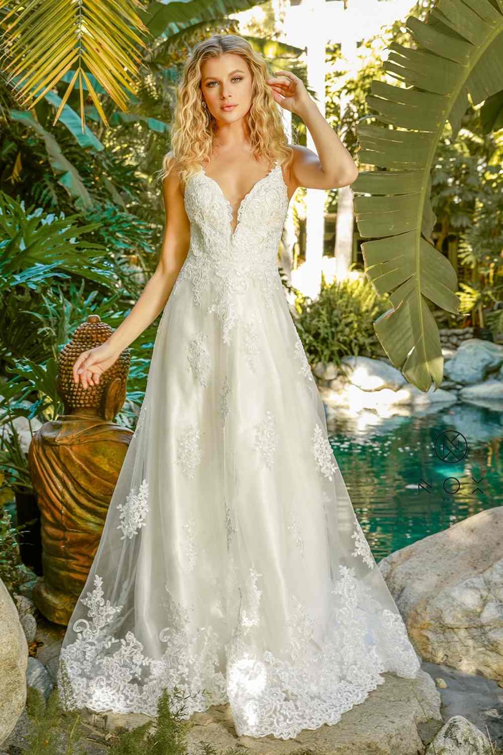 Nox Anabel C461 A-Line V-Neck Side Cutout Lace Strap Ball Gown by DiscountDressShop