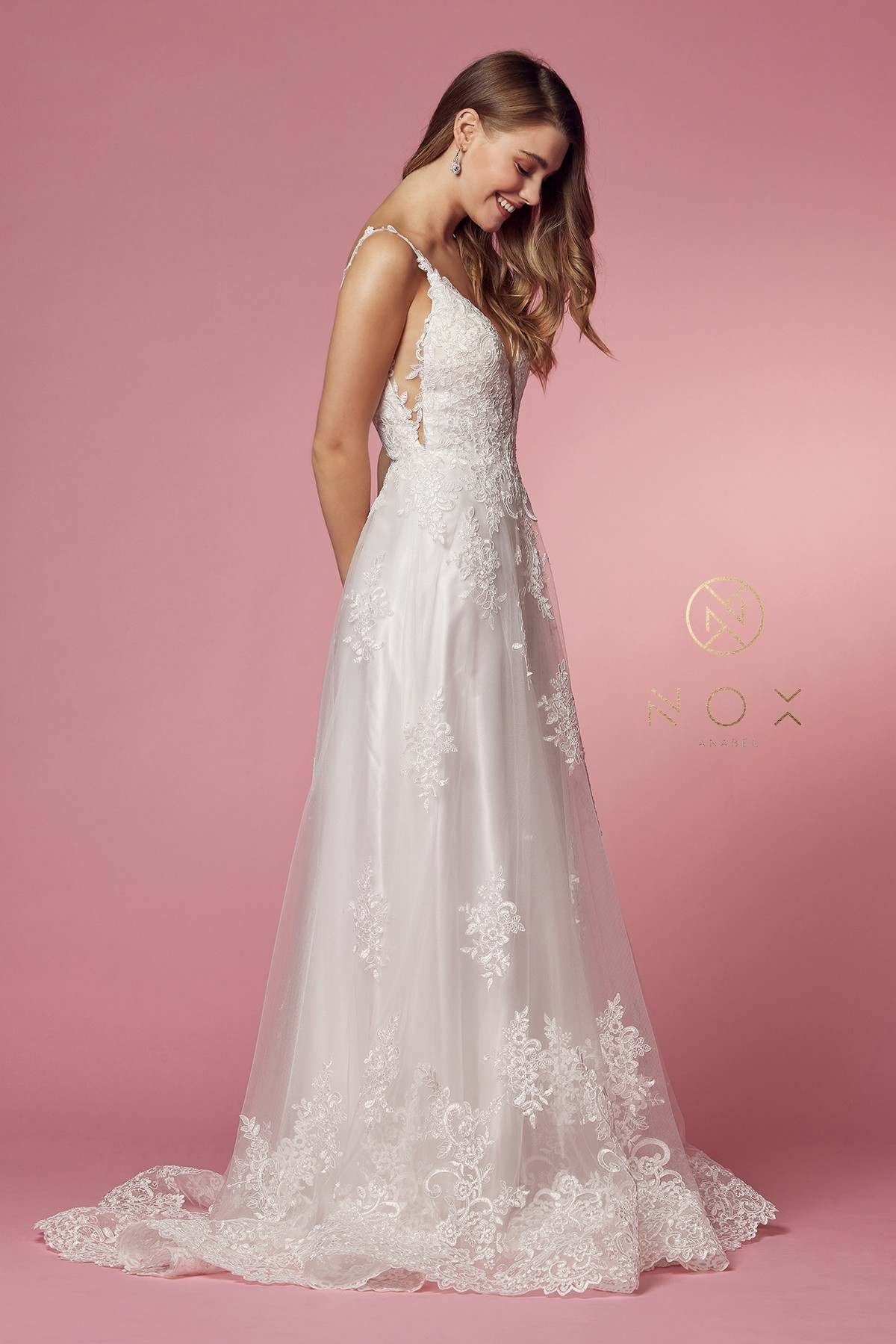 Nox Anabel C461 A-Line V-Neck Side Cutout Lace Strap Ball Gown by DiscountDressShop