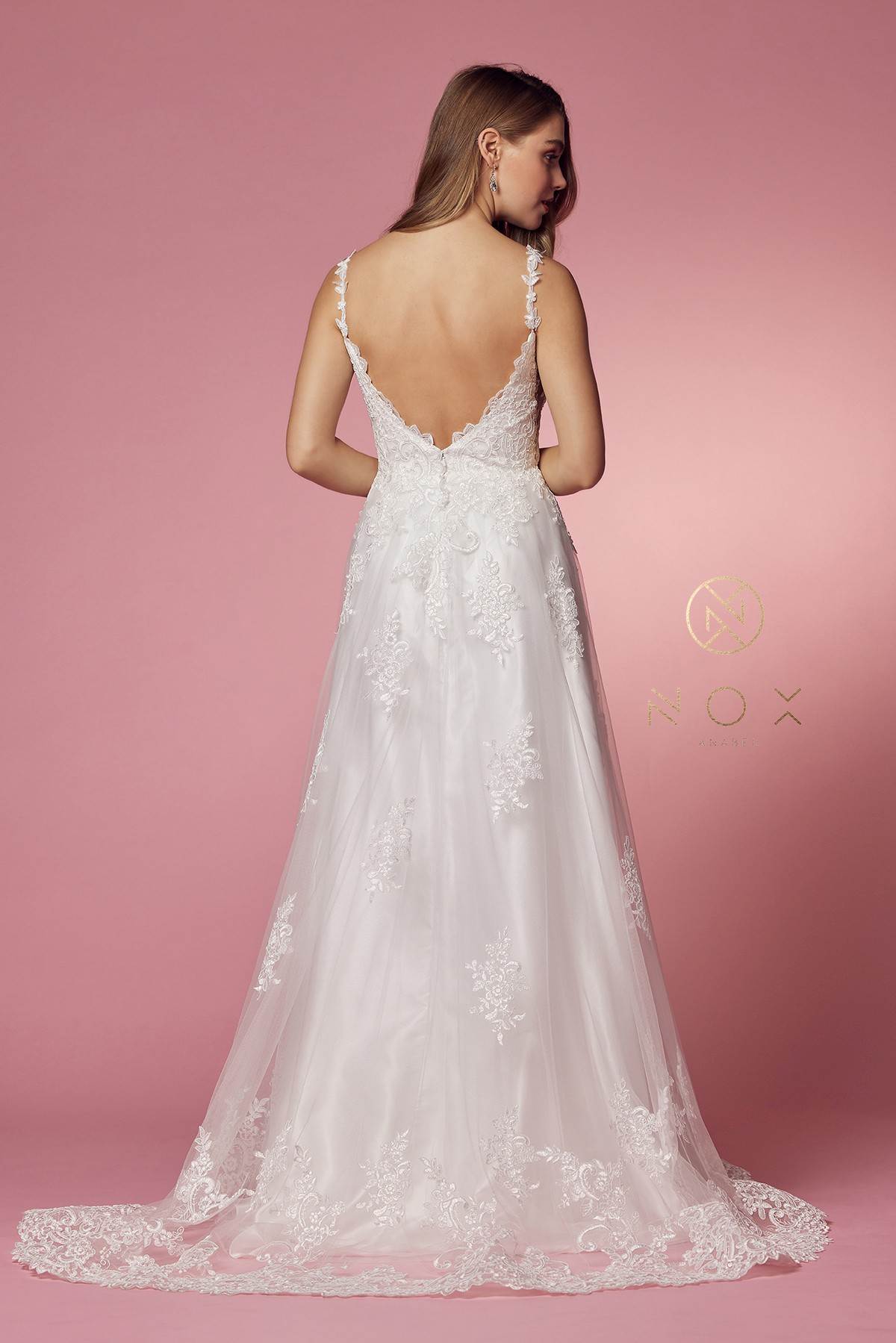 Nox Anabel C461 A-Line V-Neck Side Cutout Lace Strap Ball Gown by DiscountDressShop