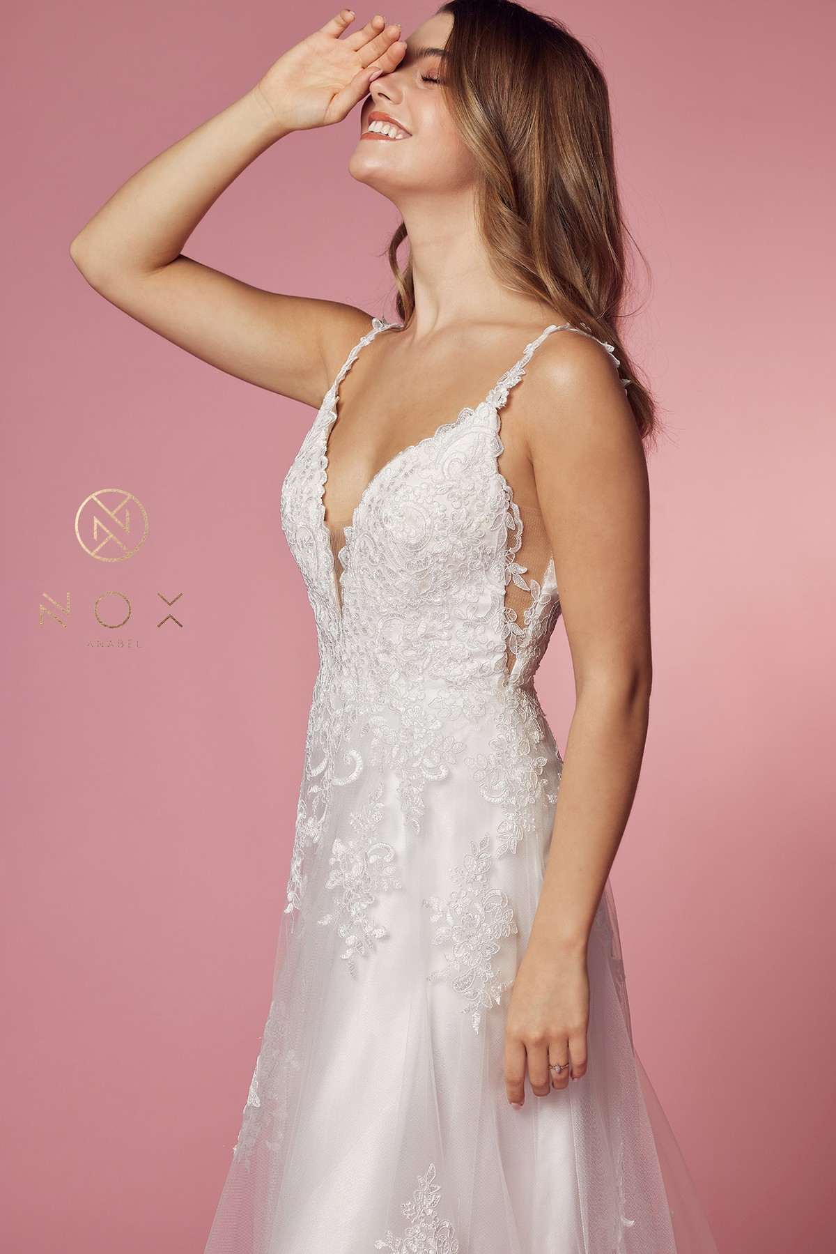 Nox Anabel C461 A-Line V-Neck Side Cutout Lace Strap Ball Gown by DiscountDressShop