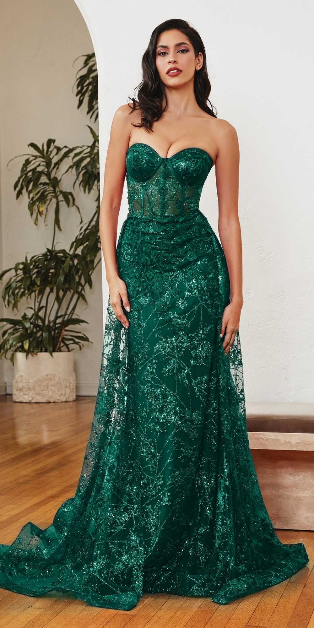 Cinderella Divine CB046W Strapless Gown Floral Applique Glitter Tulle Overskirt by DiscountDressShop